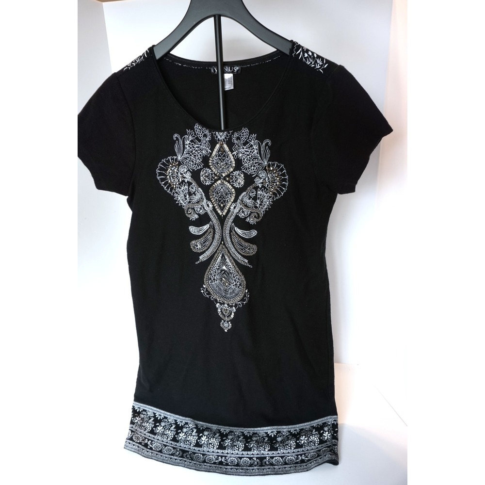 Venus Black Embellished Paisley Medallion‎ Scoop Neck Knit Mini Dress S